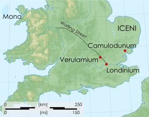 부디카의 반란에 관련된 장소 지도