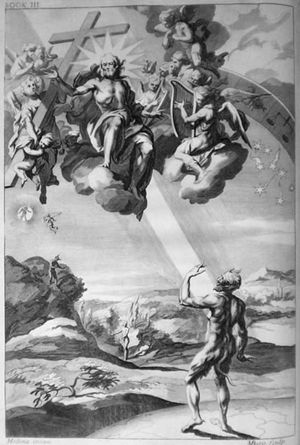 3권 서문, "인간의 창조", 존 밥티스트 메디나(John Baptist Medina)를 바탕으로 마이클 버거스(Michael Burghers)가 1688년 판에 새긴 판화