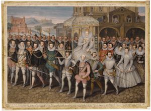 1600년경 제작된 '행렬 초상화'로, 신하들에게 둘러싸인 엘리자베스 1세를 보여준다