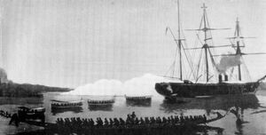 SMS 올가가 카메룬 두알라의 히코리타운을 포격하는 모습, 1884년 12월