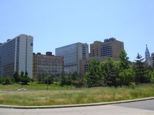 센터시티 하네만 캠퍼스와 부속 병원. 오른쪽에 시청사 옥상에 서 있는 윌리엄 펜의 동상이 보인다