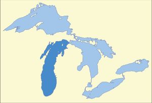 오대호 지도 (미시간호는 더 어두운 파란색으로 표시)