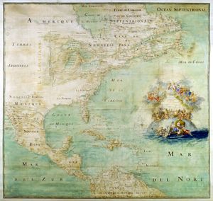 1681년 프랑스가 제작한 적도 상부 신세계 지도: 북쪽의 누벨프랑스와 오대호, 서쪽의 일리노이 지역을 흐르는 미시시피강(짙은 선으로 표시)과 강 하구(미래의 뉴올리언스), 그리고 당시 미지의 땅