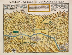 1545년 요하네스 샬베터가 그린 발레주 최초의 지도(남쪽을 향하고 있으며, 뢰크에서 생모리스까지 계곡의 아랫부분만 묘사).