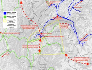 제네바 주변의 현재 철도 시스템과 과거 프로젝트를 보여주는 지도