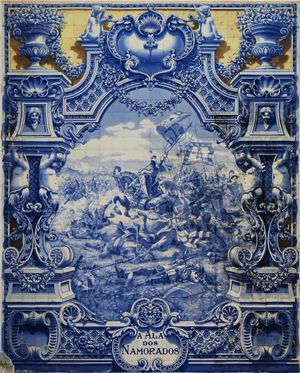 호르헤 콜라소(1922년)가 제작한 유약 타일 패널. 포르투갈군과 카스티야 군대 간의 알주바로타 전투(1385년) 장면을 묘사하고 있다. 리스본, 포르투갈의 공공 미술 작품.