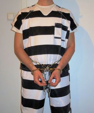 스미스 & 웨슨 M-1 "유니버설" 수갑과 M-1840 복부 체인으로 고정된 수감자