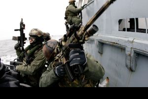 미 해군 특수부대와 GROM 해군 특수전팀이 2009년 폴란드 그단스크 인근에서 탑승 훈련을 하고 있다.