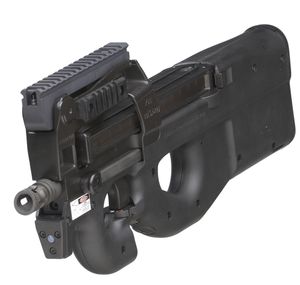 Laserex사의 통합 레이저 조준 모듈이 장착된 P90 LV. 레이저 조준 모듈의 출력단이 총구 아래에 보인다. 이 예시에는 피카티니 액세서리 트라이레일도 장착되어 있다.