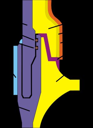 SRB 부분 단면도. A - 본체, B - 베이스 O링, C - 백업 O링, D - 강화-커버 밴드, E, F - 단열재, G - 도장, H - 실링 페이스트, I - 고체연료