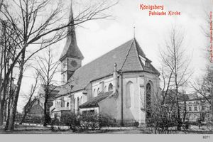 1908년의 슈타인담 교회(Steindamm Church). 폴란드 교회로도 알려져 있으며, 2차 세계 대전 중 심하게 손상되었고 1950년 소련 정부에 의해 잔해가 철거되었다.