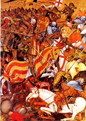 푸익 전투. 안드레우 마르살 데 삭의 그림으로, 성 조르주의 도움으로 그리스도교의 승리를 묘사하고 있음