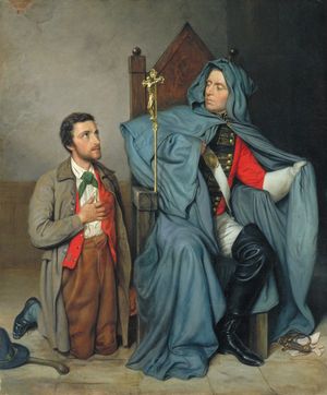 샤를로트 슈라이버(Charlotte Schreiber)의 The Croppy Boy(1879), 1798년 아일랜드 반란 관련 그림. 녹색 목도리를 한 반군으로 보이는 한 남자가 군복을 위장한 가톨릭 사제 앞에 무릎을 꿇고 있다. 교회 지도부는 반란에 반대했다.