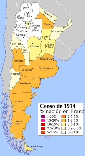 1914년 아르헨티나 인구 조사에 따른 아르헨티나 지역별 프랑스 이민자 비율
