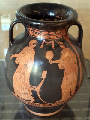 피스티치 화가(Pisticci Painter)의 루카니아식 적색 그림 항아리(pelike), 기원전 430년경, 도메니코 리돌라 고고학 박물관(Archaeological Museum "Domenico Ridola"), 마테라