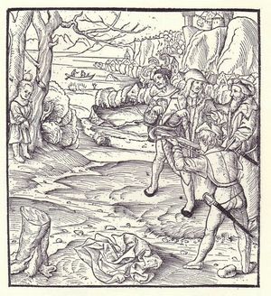 세바스티안 뮌스터의 코스모그라피아(1554년판)에 묘사된 사과 쏘기 장면