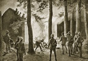 1900년, 병사들이 사찰을 불태우다, 산해관배이호 강둑에서 중국 사찰의 파괴, 아메데 포레스티에의 작품