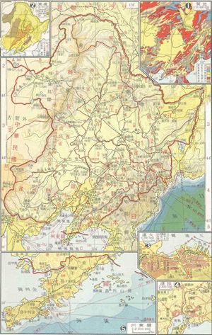 만주국 지도. 동부 및 북부에서는 소련과, 서부에서는 몽골과, 남서부에서는 중국과 인접해 있다.