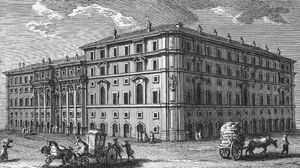 보로미니가 설계한 남서쪽 정면: 주세페 바시의 에칭, 1761년.