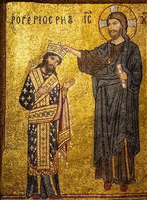 시칠리아의 로제르 2세가 그리스도에게서 왕위를 받는 모습(팔레르모의 산타 마리아 델람미라글리오 교회 모자이크)