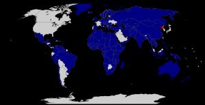북한과 외교 관계를 맺은 국가 목록(2022년 기준)빨간색은 북한, 파란색은 북한과 국교를 맺은 국가, 회색은 국교를 맺지 않은 국가.