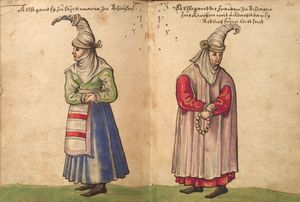 16세기 바스크 여성들; 이 복장은 피에르 드 랑크르의 바스크 지방 개입(1609-1612)으로 금지되었다