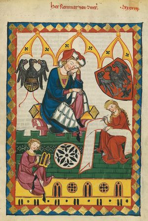 13세기의 민네징거인 라인마르 폰 츠베터는 마네세 사본에 그의 귀족 문장과 함께 묘사되어 있다.