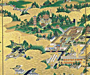 에도 시대의 병풍(17세기)에 묘사된 다이도쿠인 영묘를 방문한 쇼군 도쿠가와 이에미쓰