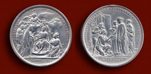 벤자민 뒤비비에가 제작한 18세기 모티프 "루이 16세의 대관식"(Le Couronnement de Louis XVI), 1775년 6월 11일 루이 16세의 대관식을 기념하는 동전