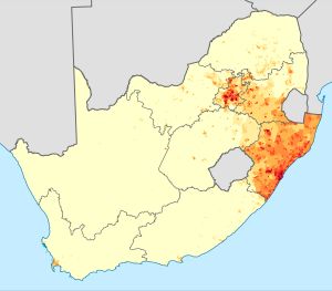 남아프리카 공화국 줄루어 사용자 분포: 줄루어를 모국어로 사용하는 인구 밀도
