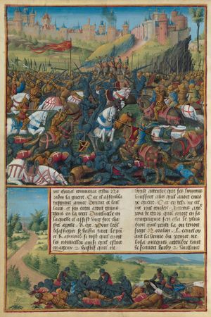 레몽은 이나브 전투에서 패배하여 사망했다 (Passages d'outremer의 삽화). 아래: 전투 후 그의 시신을 수습하는 모습.