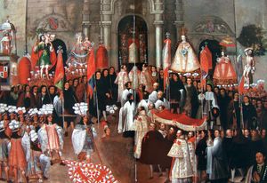 쿠스코의 메인 광장에서 거행되는 성체 축일 행렬에 참여한 메르세다리우스 수도사들. 17세기. 쿠스코 식민지 회화파. 현재 쿠스코 대주교궁에 소장되어 있는 그림.