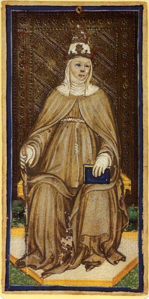 비스콘티-스포르차 타로 덱에 나오는 타로 카드 중 여교황 카드(c. 1450)