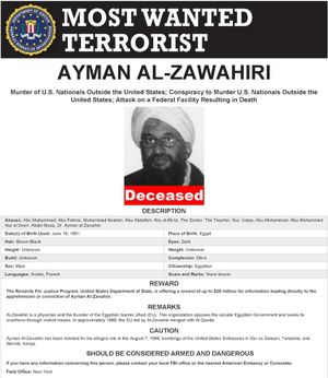 알 자와히리가 사망으로 표시된 FBI 최다 수배 테러리스트 페이지 화면(2022년 8월 1일)