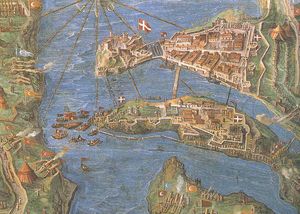 1565년 말타 대포위 당시 시베라스 반도에서 오스만 군대가 기사단의 3개 도시를 폭격하는 모습.