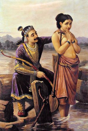 샤탄투가 어부의 딸 사티아바티와 사랑에 빠지는 모습. 라자 라비 바르마(Raja Ravi Varma)의 그림.