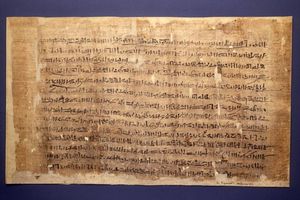 파피루스 마이어 B. 20왕조의 일반적인 이집트 상형 문자로 쓰여 있으며, 14줄의 글로 구성되어 있다. 람세스 6세의 무덤 도굴을 기록하고 있다.