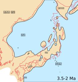 중기 플라이스토세~후기 플라이스토세(3.5–2 Ma)의 일본 열도, 동해, 그리고 주변 대륙 동아시아 지역을 보여주는 지도