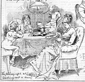 캡션: "집에서 소설을 읽어주는 축음기." 데일리 그래픽(뉴욕), 1878년 4월 2일. 축음기 발명 후 1년도 채 되지 않아 이 그림은 미래의 비전을 제시했다.