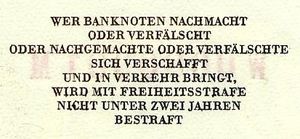 모든 3차 시리즈 지폐의 뒷면 오른쪽 상단에는 위조 및 변조에 대한 처벌(최소 2년 이상의 징역)이 명시되어 있다. 1970년 이후 변형된 버전으로 "Zuchthaus" 대신 "Freiheitsstrafe"가 표시되어 있다.