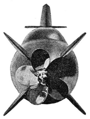 스웨덴 잠수함 HMS Sjöormen(Sor) 모형의 후면도. X형 선미를 채용한 최초의 양산형 잠수함이다.