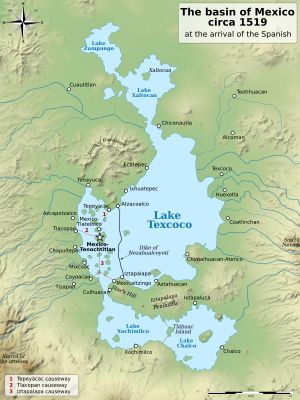 1519년 주요 도시 국가들의 위치가 표시된 멕시코 계곡 지도