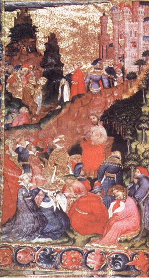 초서가 트로일루스와 크라이세이데를 낭송하는 모습: 15세기 초 케임브리지 코퍼스 크리스티 칼리지 소장 원고