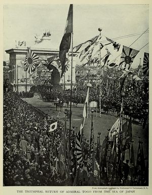 일본해에서 돌아온 도고 제독의 개선. 도쿄, 1907년