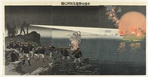 일본군의 평양 공격. 컬러 목판화는 일본군이 조명탄을 사용하여 표적을 찾는 모습을 보여준다.