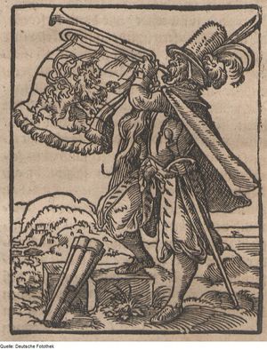 토마소 가르조니(Tommaso Garzoni)의 목판화. 나팔을 든 마을 외침꾼을 묘사하고 있다.