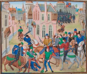 리처드 2세가 배경에서 농민들에게 연설하는 동안 왓 타일러의 죽음을 지켜보고 있다. 이 그림은 프루아사르의 연대기(약 1475년) 중 Gruuthuse manuscript에서 가져온 것이다.