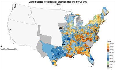 각 카운티에서 승리 후보의 득표율을 명시적으로 나타낸 결과. 노란색 계열은 테일러(휘그당), 파란색 계열은 캐스(민주당), 녹색 계열은 반 뷰렌(자유토지당)을 나타냅니다.