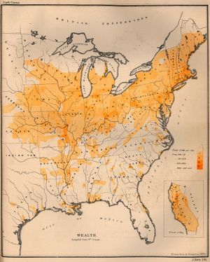 1872년 미국 지도. 재건 시대 북부와 남부 간의 부의 불균형을 보여줌