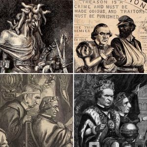 하퍼스 위클리의 만화가 토마스 나스트는 앤드루 존슨의 재건 정책을 위험하고 파괴적인 것으로 묘사했다. 왼쪽 상단부터 시계 방향으로: 남부 정의에서 메두사 머리를 한 정의의 여신으로 묘사된 존슨, 오셀로로서 미국 흑인 군대의 부상당한 병사에게 이아고 역할을 하는 존슨, "총리" 수어드와 함께 앤디 왕으로 묘사된 존슨, 암피테아트룸 존소니아눔에서 네로 황제로 묘사된 존슨과 수어드